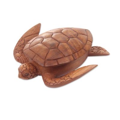Alternate image for Hand Carved Wood Sculpture Decorative Box Sea Turtle Guardian