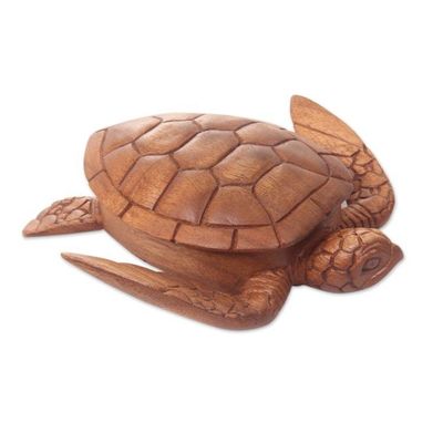 Alternate image for Hand Carved Wood Sculpture Decorative Box Sea Turtle Guardian
