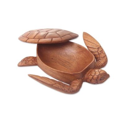 Alternate image for Hand Carved Wood Sculpture Decorative Box Sea Turtle Guardian