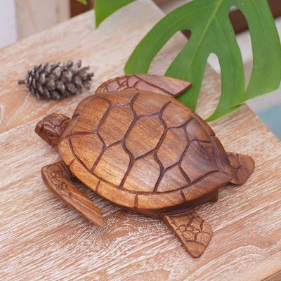 Alternate image for Hand Carved Wood Sculpture Decorative Box Sea Turtle Guardian