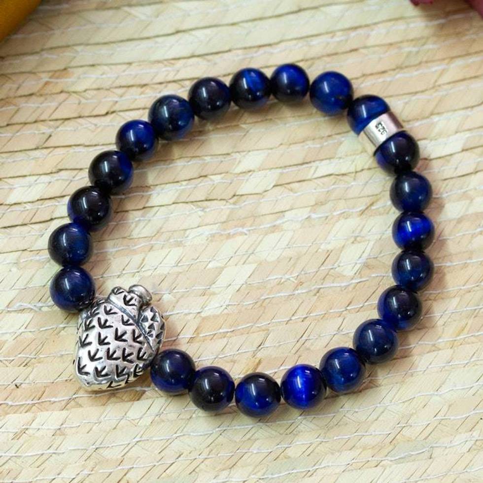 Men's Tiger's Eye Stretch Bracelet with Silver Heart Pendant 'Prickly Pear Heart'