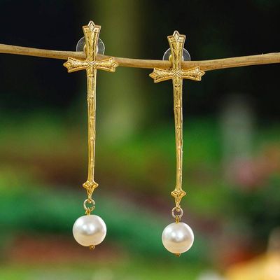 Primary image for 24k Gold-Plated Cultured Pearl Cross Statement Earrings Sacred Pearl