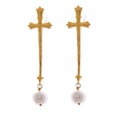 Alternate image for 24k Gold-Plated Cultured Pearl Cross Statement Earrings Sacred Pearl
