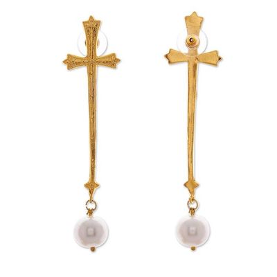 Alternate image for 24k Gold-Plated Cultured Pearl Cross Statement Earrings Sacred Pearl