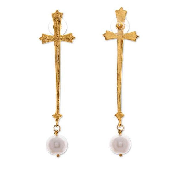 Alternate image for 24k Gold-Plated Cultured Pearl Cross Statement Earrings Sacred Pearl