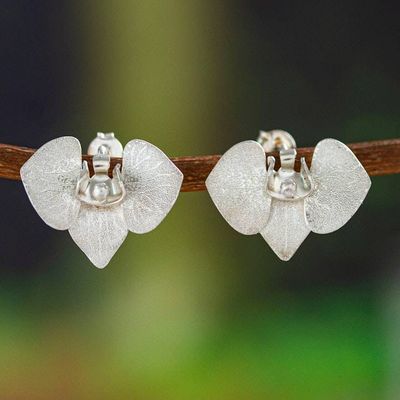 Alternate image for Butterfly Orchid Button Earrings in a Combination Finish Butterfly Orchid