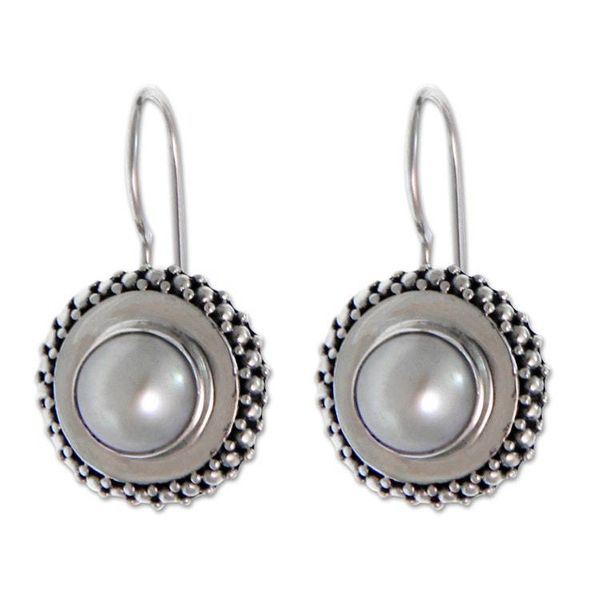 Alternate image for Pearl and Silver Drop Earrings Moon Halo
