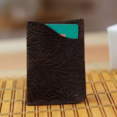 Primary image for Brown Leather Card Wallet with Embossed Floral Motifs Vertical Floral Pass
