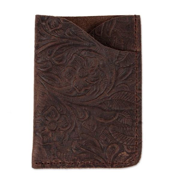 Alternate image for Brown Leather Card Wallet with Embossed Floral Motifs Vertical Floral Pass