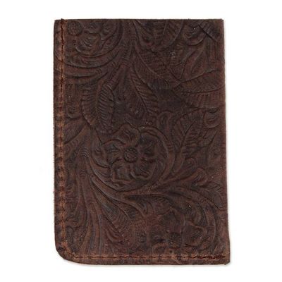 Alternate image for Brown Leather Card Wallet with Embossed Floral Motifs Vertical Floral Pass