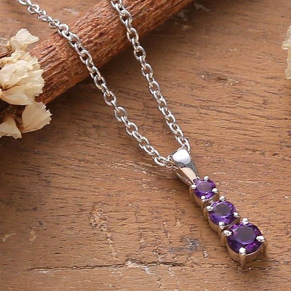 Alternate image for Silver Pendant Necklace with Three Round Amethyst Gemstones Purple Cluster