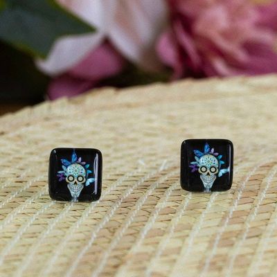 Primary image for Catrina Butterfly-Themed Decoupage on Glass Stud Earrings Butterfly Catrina