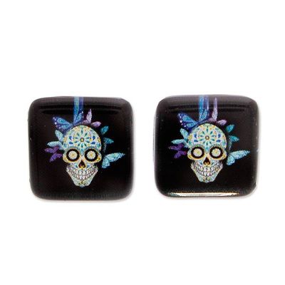 Alternate image for Catrina Butterfly-Themed Decoupage on Glass Stud Earrings Butterfly Catrina