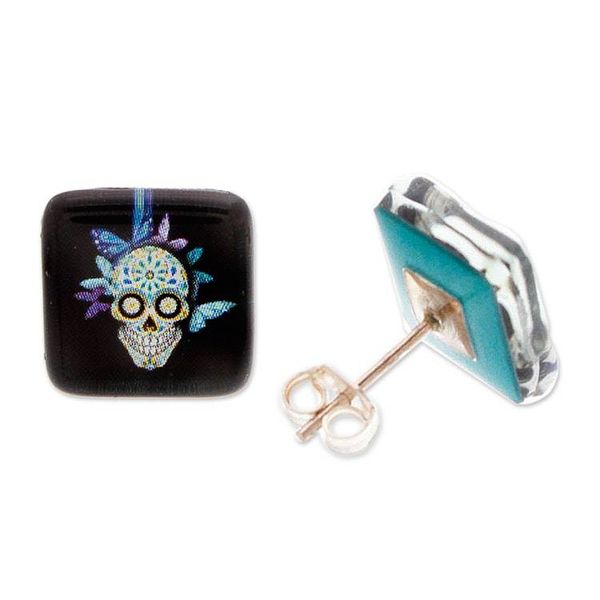 Alternate image for Catrina Butterfly-Themed Decoupage on Glass Stud Earrings Butterfly Catrina