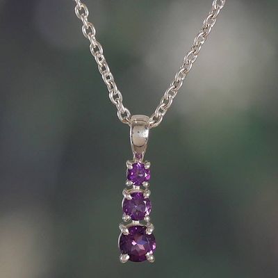 Alternate image for Silver Pendant Necklace with Three Round Amethyst Gemstones Purple Cluster