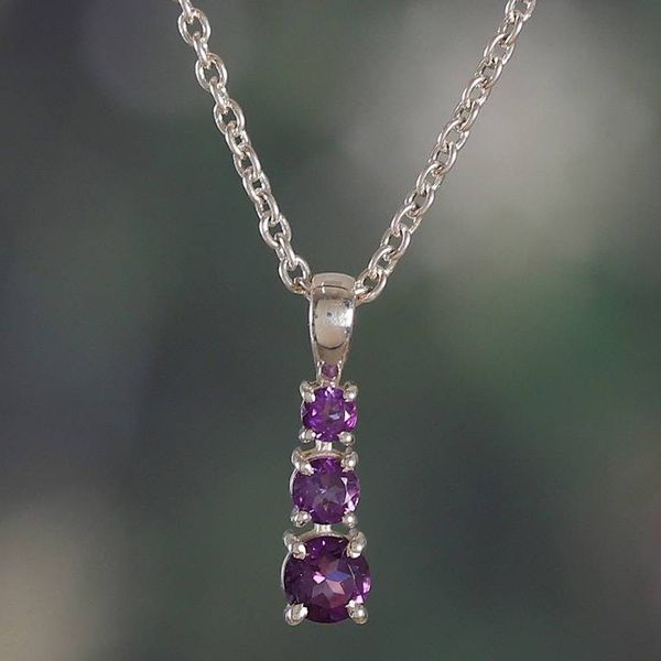 Alternate image for Silver Pendant Necklace with Three Round Amethyst Gemstones Purple Cluster