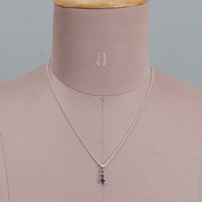 Alternate image for Silver Pendant Necklace with Three Round Amethyst Gemstones Purple Cluster