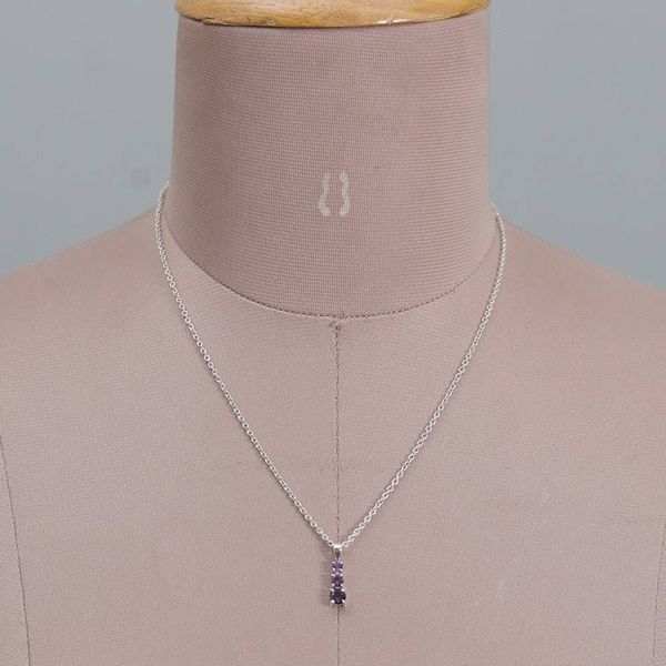 Alternate image for Silver Pendant Necklace with Three Round Amethyst Gemstones Purple Cluster