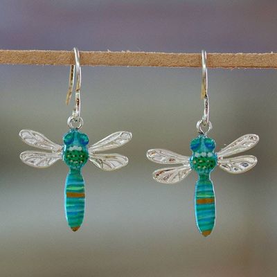 Primary image for Blue and Green Sterling Silver Dragonfly Dangle Earrings Lagoon Dragonfly
