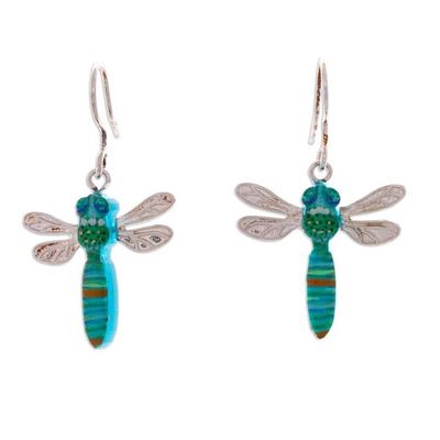 Alternate image for Blue and Green Sterling Silver Dragonfly Dangle Earrings Lagoon Dragonfly
