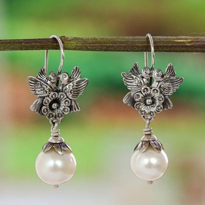 Primary image for Flower and Bird-Themed Cultured Pearl Earrings from Mexico Purity of Love