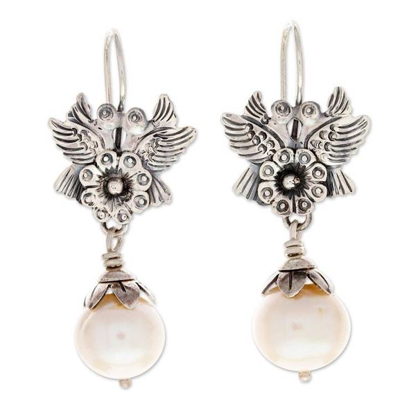 Alternate image for Flower and Bird-Themed Cultured Pearl Earrings from Mexico Purity of Love