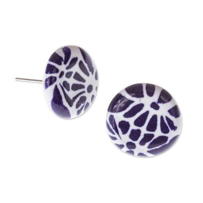 Alternate image for Blue and White Ceramic Talavera Style Floral Button Earrings Blue Puebla Blossoms