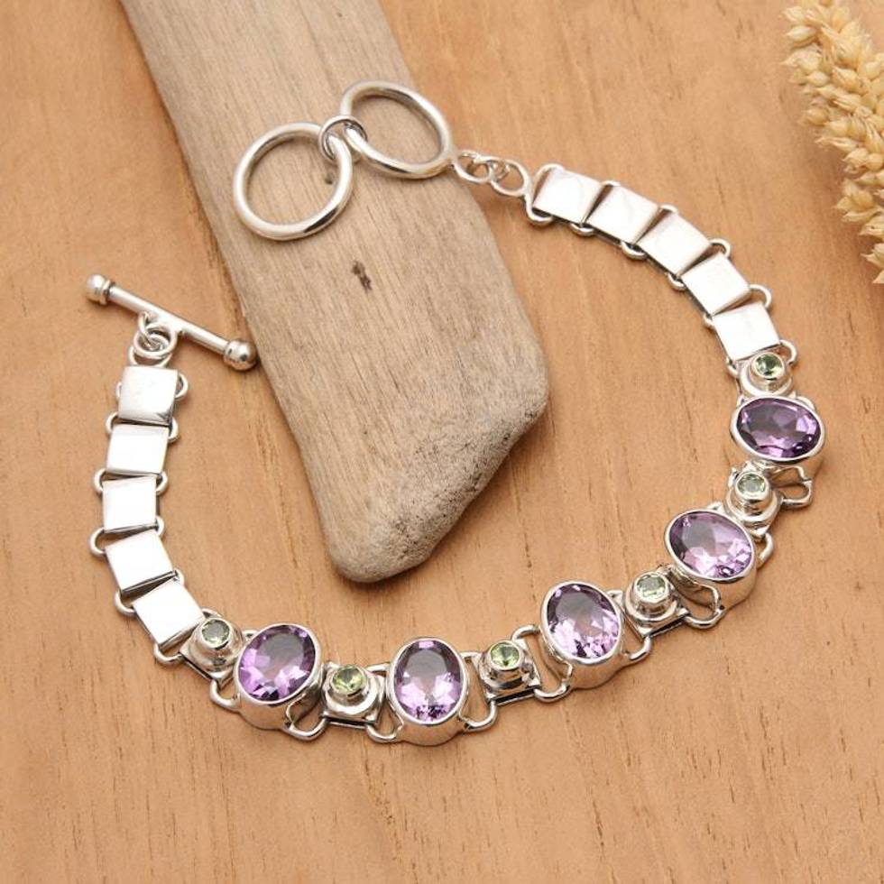 Handmade Amethyst Sterling Silver Link Bracelet 'Exuberance'
