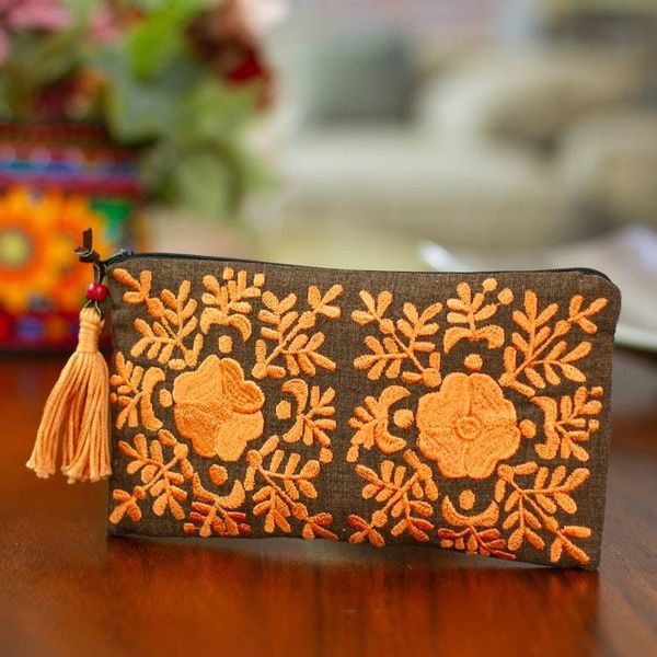 Alternate image for Hand-Embroidered Floral Melon and Mahogany Satin Clutch Gardens Melon Lights