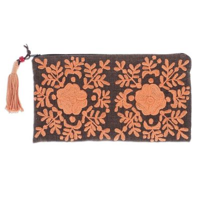 Alternate image for Hand-Embroidered Floral Melon and Mahogany Satin Clutch Gardens Melon Lights