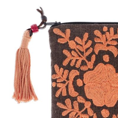 Alternate image for Hand-Embroidered Floral Melon and Mahogany Satin Clutch Gardens Melon Lights