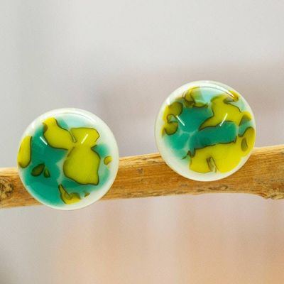 Primary image for Sea Green  Pistachio Fused Glass Mosaic Button Earrings Sea Green  Pistachio Textures