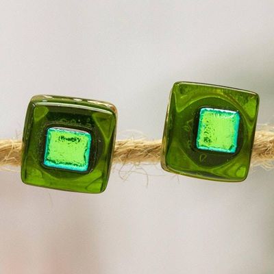Primary image for Green Fused Glass Mosaic Stud Earrings Handmade in Mexico Green Dichroic