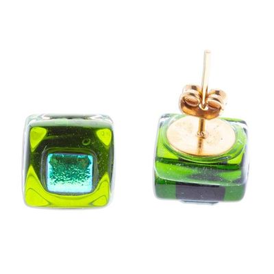 Alternate image for Green Fused Glass Mosaic Stud Earrings Handmade in Mexico Green Dichroic
