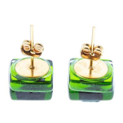 Alternate image for Green Fused Glass Mosaic Stud Earrings Handmade in Mexico Green Dichroic