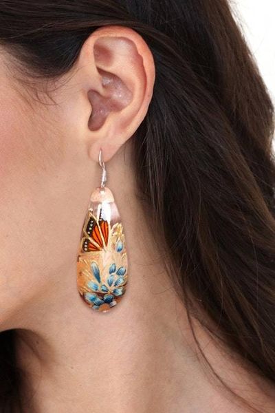 Alternate image for Reclaimed Copper Butterfly and Flower Earrings from Mexico Butterfly Lilies