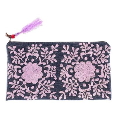 Alternate image for Hand-Embroidered Floral Lilac and Midnight Satin Clutch Gardens Lilac Lights