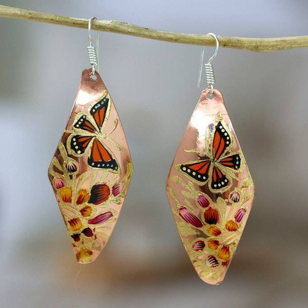 Alternate image for Hand Painted Copper Butterfly Dangle Earrings from Mexico Butterflies and Petunias
