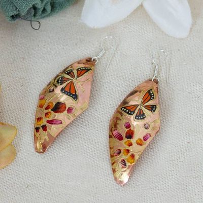 Alternate image for Hand Painted Copper Butterfly Dangle Earrings from Mexico Butterflies and Petunias