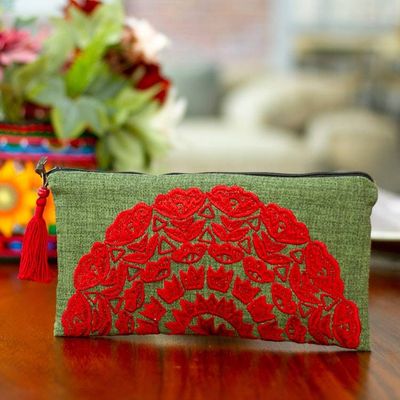 Alternate image for Sun-Themed Olive and Crimson Silk-Embroidered Satin Clutch Olive Sunshine
