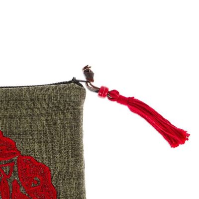 Alternate image for Sun-Themed Olive and Crimson Silk-Embroidered Satin Clutch Olive Sunshine
