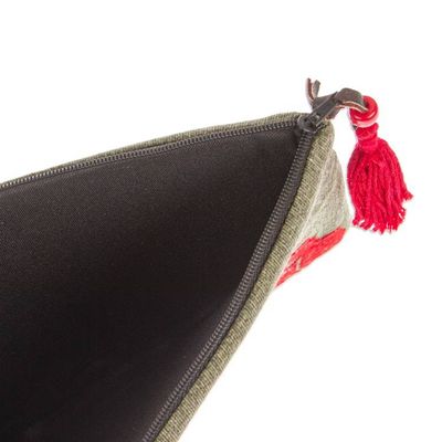 Alternate image for Sun-Themed Olive and Crimson Silk-Embroidered Satin Clutch Olive Sunshine