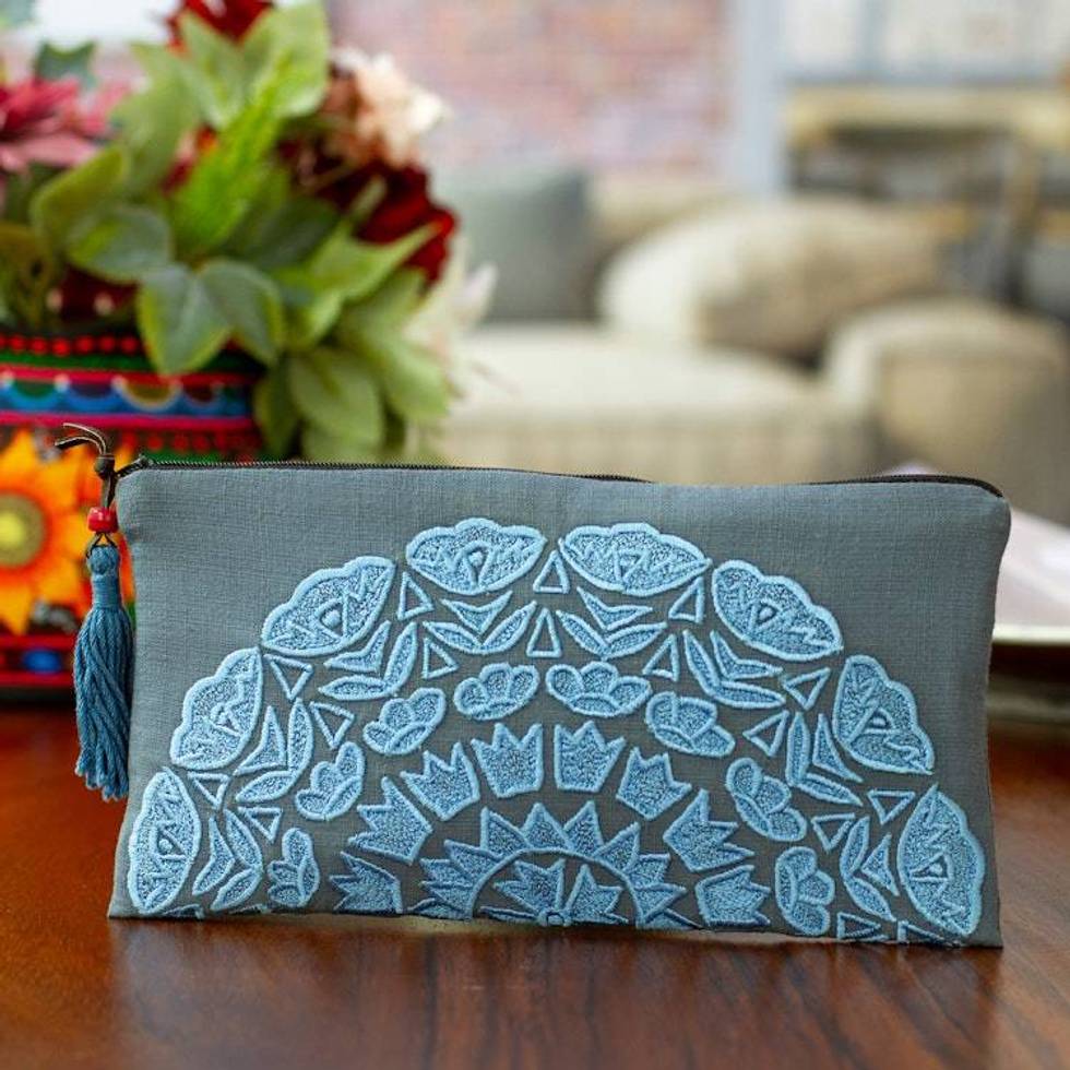 Sun-Themed Flint and Cerulean Silk-Embroidered Satin Clutch 'Flint Sunshine'