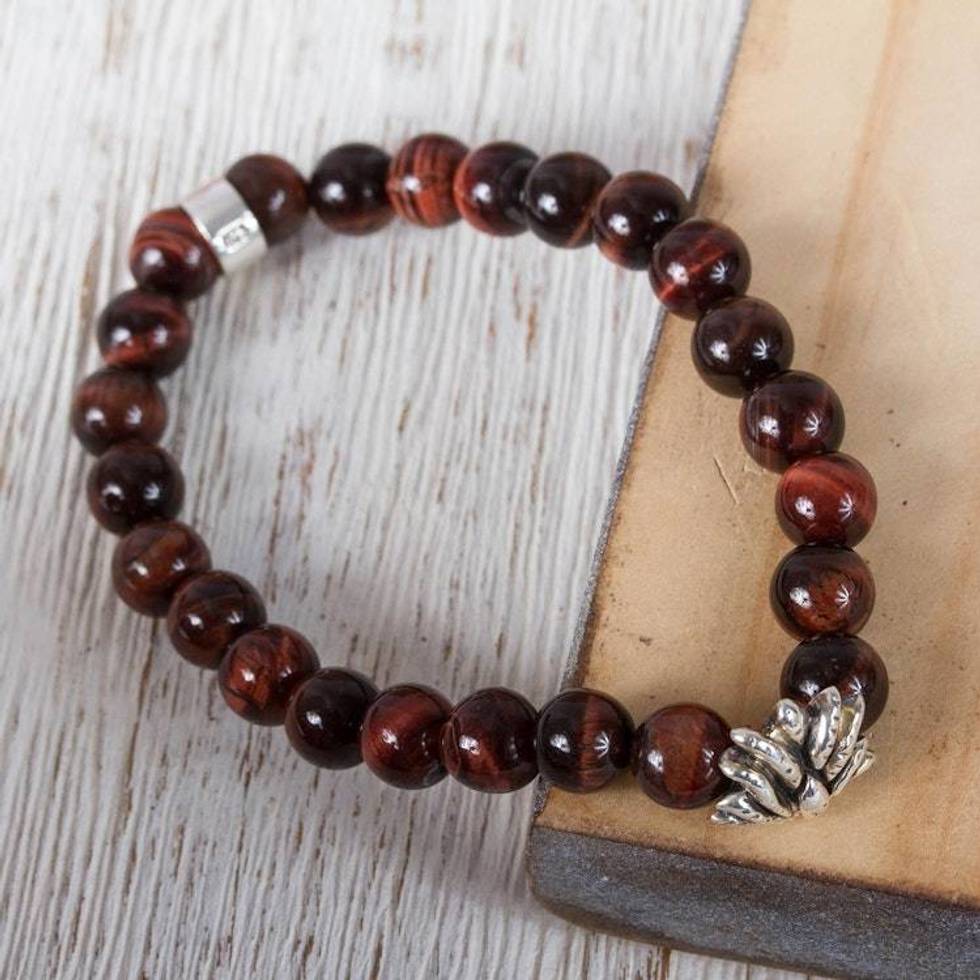 Taxco Red Tiger's Eye Beaded Stretch Bracelet from Mexico 'Red Succulent Agave'