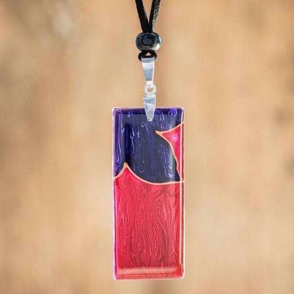 Alternate image for Purple Flower on Magenta Art Glass Pendant Necklace Untamed Flower