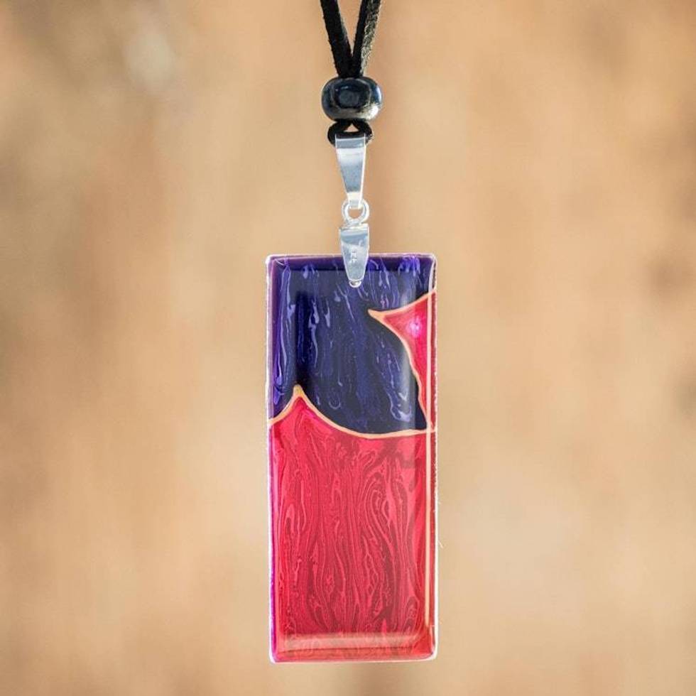 Purple Flower on Magenta Art Glass Pendant Necklace 'Untamed Flower'