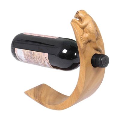 Alternate image for Lizard Theme Hand Carved Brown Wood Wine Bottle Holder Brown Balinese Lizard