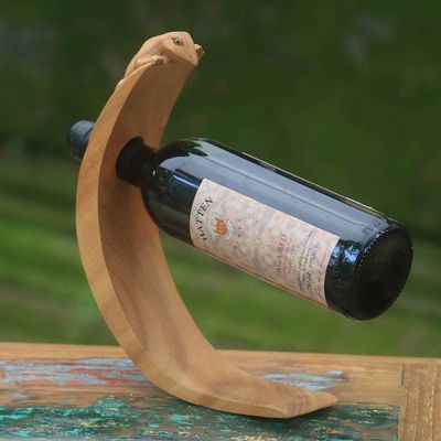 Alternate image for Lizard Theme Hand Carved Brown Wood Wine Bottle Holder Brown Balinese Lizard