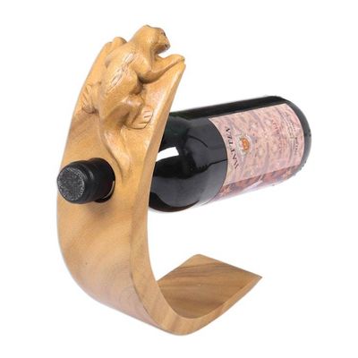 Alternate image for Lizard Theme Hand Carved Brown Wood Wine Bottle Holder Brown Balinese Lizard