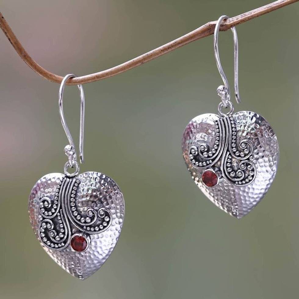 Sterling Silver Heart Earrings with Garnet 'Love's Story'